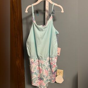 More than Magic Floral Print Short Romper in Mint and Pink NWT Large 10-12